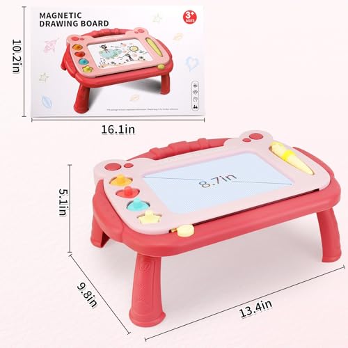 Magnetic Drawing Board for Toddlers 3-5 - Portable Doodle Pad with Pen Tether, 4 Colors, and Stamps (Red)