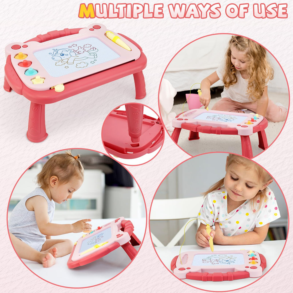 Magnetic Drawing Board for Toddlers 3-5 - Portable Doodle Pad with Pen Tether, 4 Colors, and Stamps (Red)