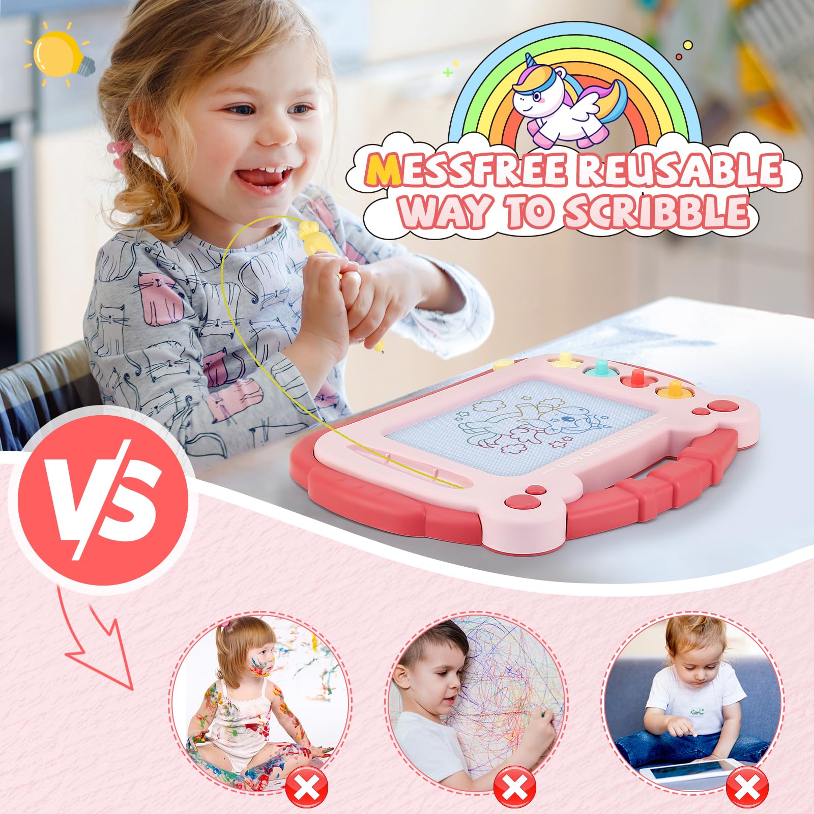 Magnetic Drawing Board for Toddlers 3-5 - Portable Doodle Pad with Pen Tether, 4 Colors, and Stamps (Red)