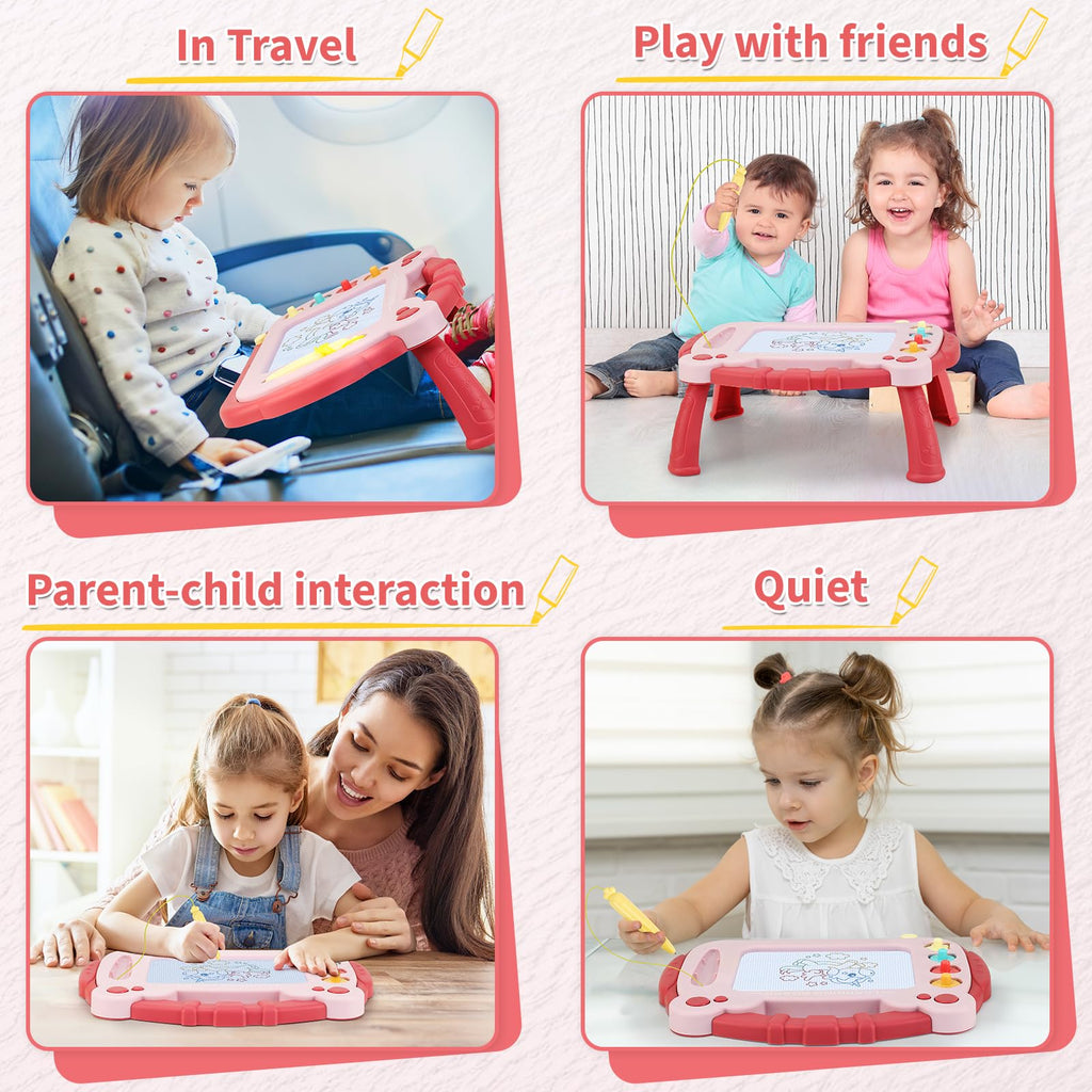 Magnetic Drawing Board for Toddlers 3-5 - Portable Doodle Pad with Pen Tether, 4 Colors, and Stamps (Red)