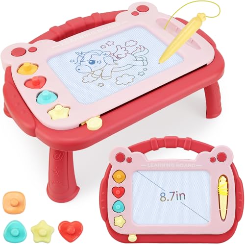 Magnetic Drawing Board for Toddlers 3-5 - Portable Doodle Pad with Pen Tether, 4 Colors, and Stamps (Red)