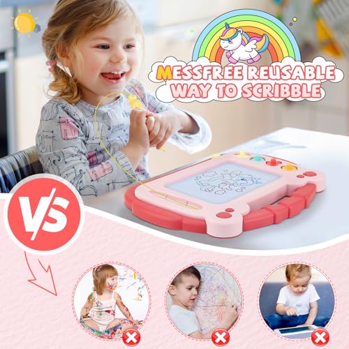 Magnetic Drawing Board for Toddlers 3-5 - Portable Doodle Pad with Pen Tether, 4 Colors, and Stamps (Red)