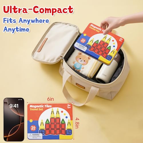 Magnetic Tiles Travel Toys with Storage Case – Portable STEM Building Blocks for Kids 3-8, Airplane Activities & On-The-Go Gift for Boys & Girls