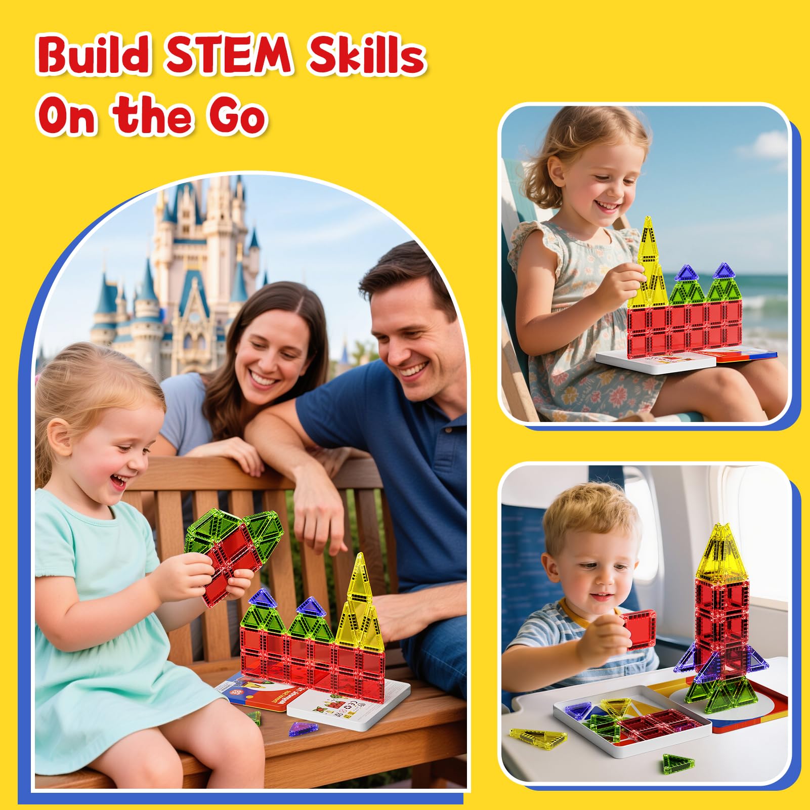 Magnetic Tiles Travel Toys with Storage Case – Portable STEM Building Blocks for Kids 3-8, Airplane Activities & On-The-Go Gift for Boys & Girls