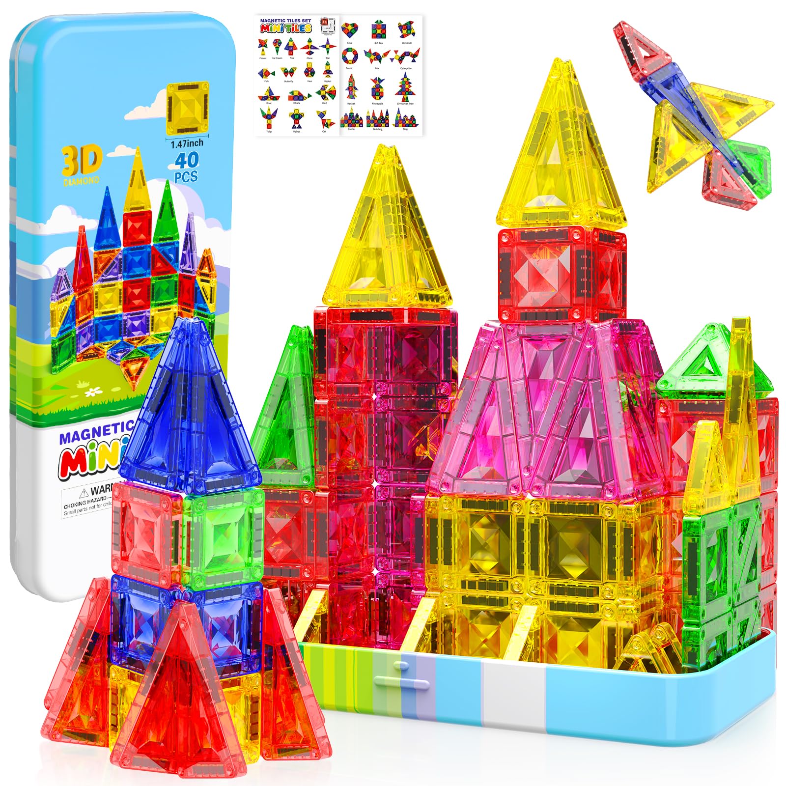 Magnetopia 40-Piece Diamond Texture Magnetic Tiles with Iron Box – STEM Building Set for Ages 3-8