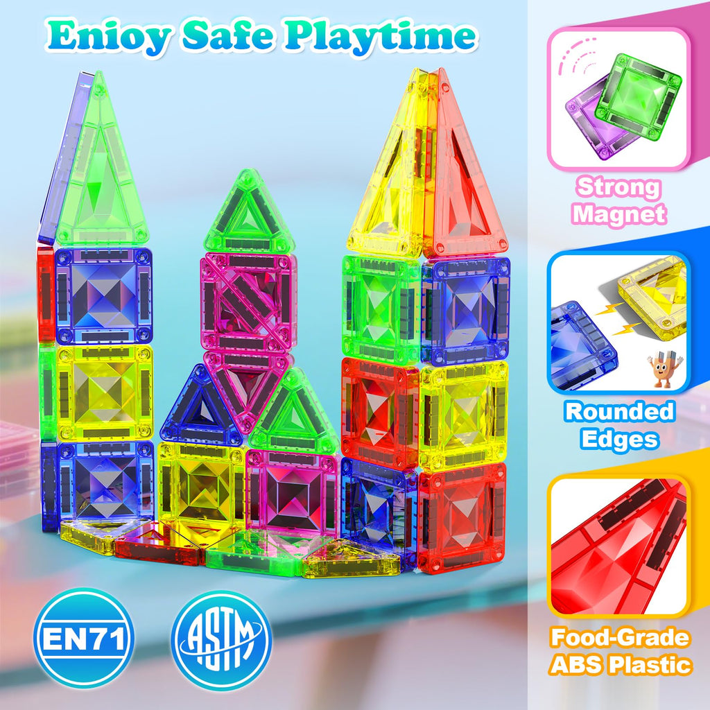 Magnetopia 40-Piece Diamond Texture Magnetic Tiles with Iron Box – STEM Building Set for Ages 3-8