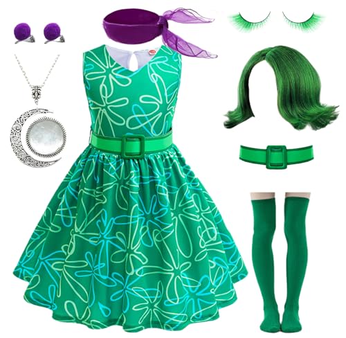Magwei Girls Disgust Costume Set with Wig - Green Cosplay Dress for Halloween, Birthday, and Christmas (Ages 4-12)