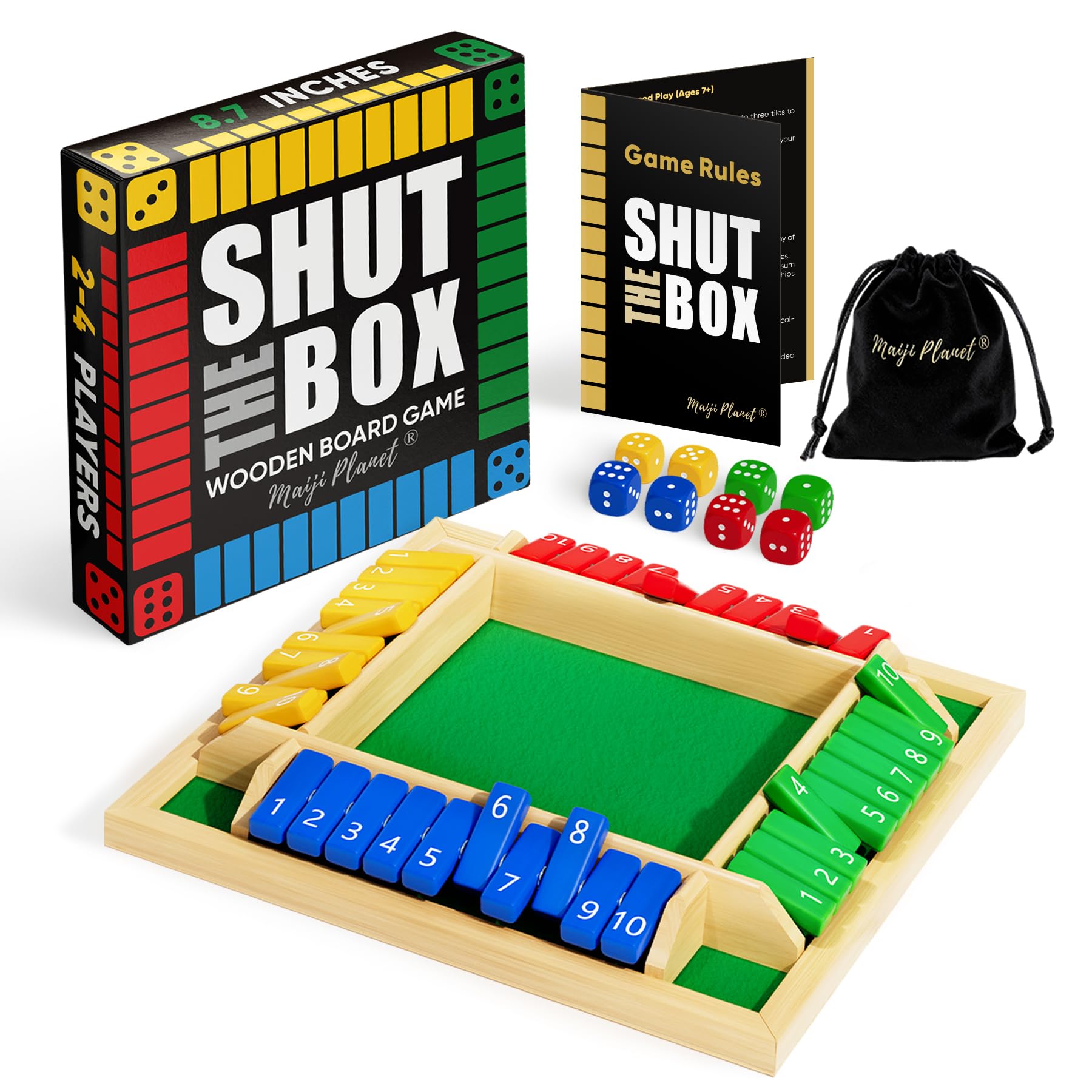 Maiji Planet Classic Original Shut the Box – Wooden Dice Game for 2–4 Players, Family Night & Classroom Fun