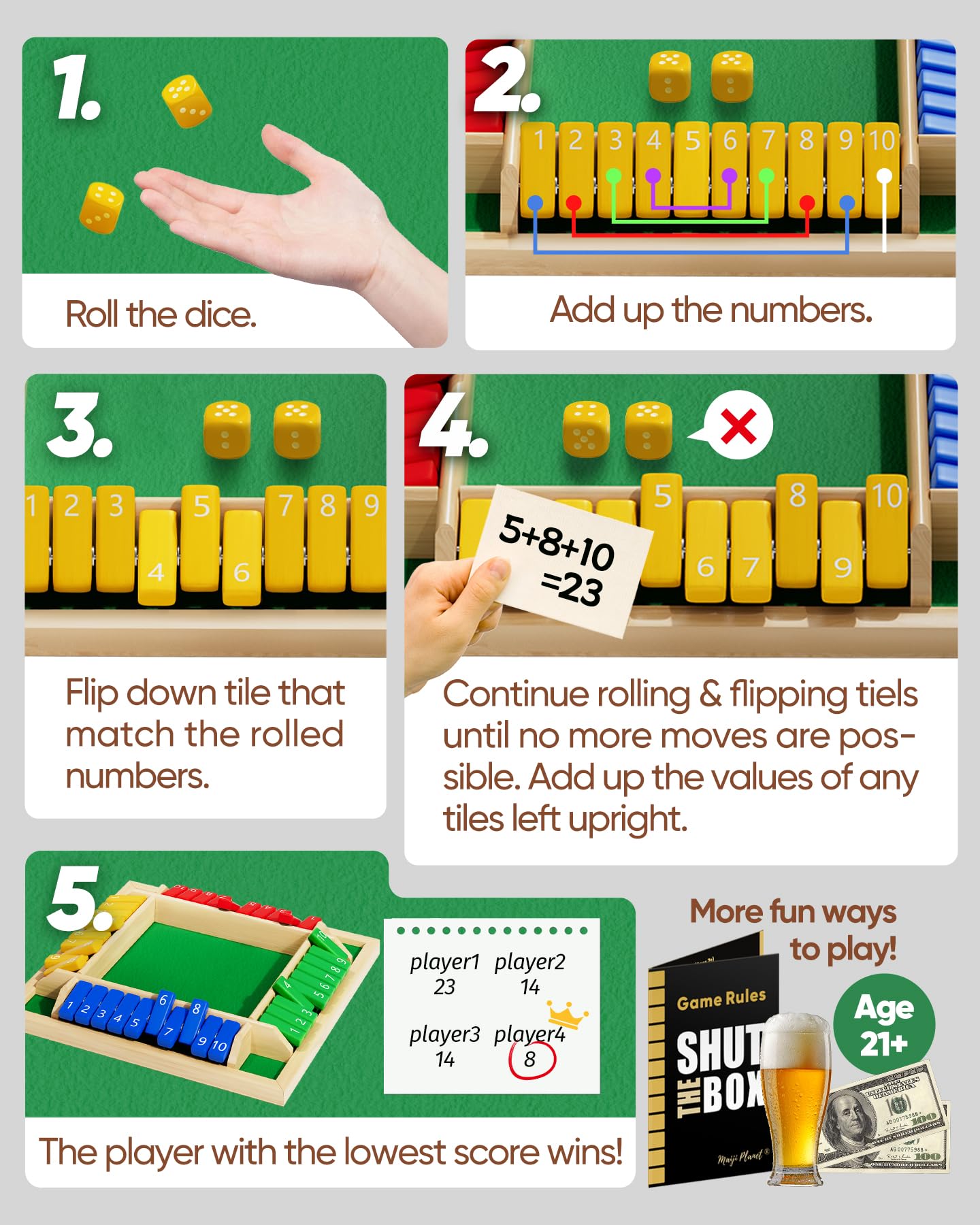 Maiji Planet Classic Original Shut the Box – Wooden Dice Game for 2–4 Players, Family Night & Classroom Fun