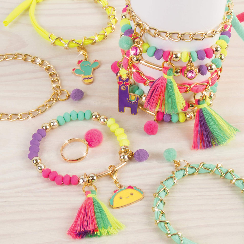 Make It Real Neo-Brite Chains & Charms Kit – 195 Pieces for 10 DIY Cord & Tassel Bracelets, Ages 8+