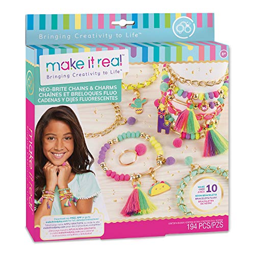 Make It Real Neo-Brite Chains & Charms Kit – 195 Pieces for 10 DIY Cord & Tassel Bracelets, Ages 8+