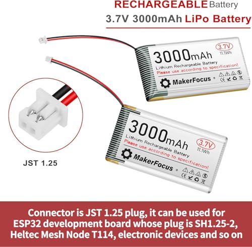 MakerFocus 3.7V 3000mAh LiPo Battery with Protection Board and JST 1.25 Plug for ESP32 LoRa Mesh Node T114