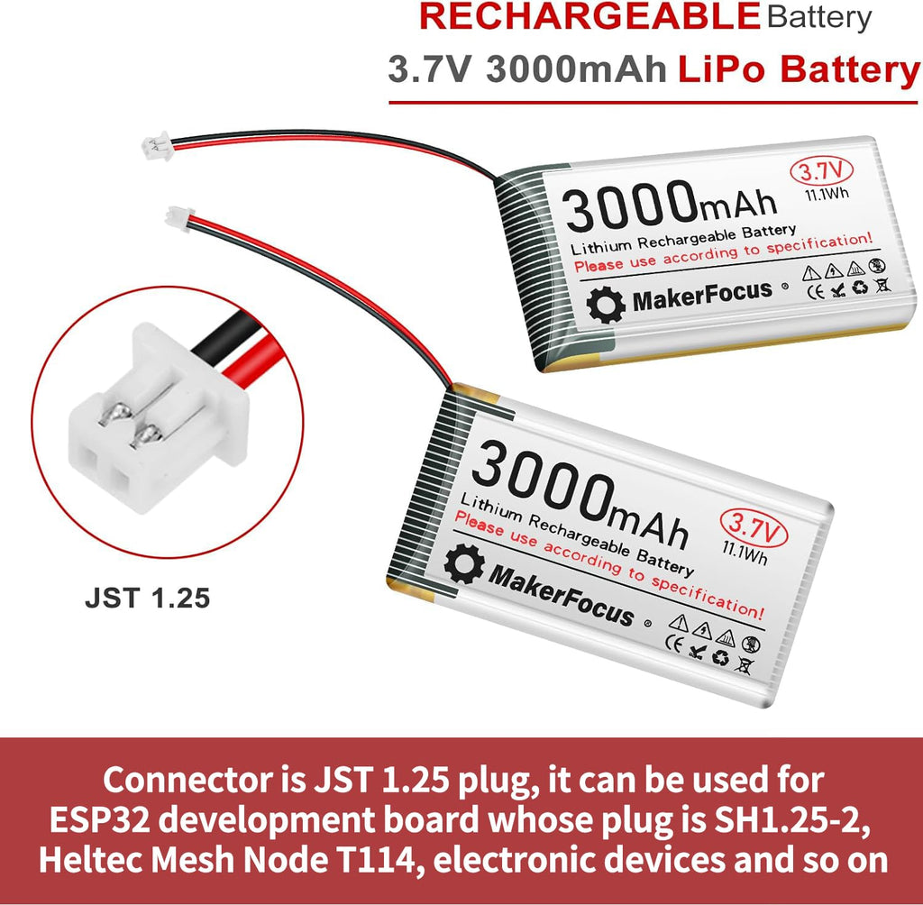 MakerFocus 3.7V 3000mAh LiPo Battery with Protection Board and JST 1.25 Plug for ESP32 LoRa Mesh Node T114