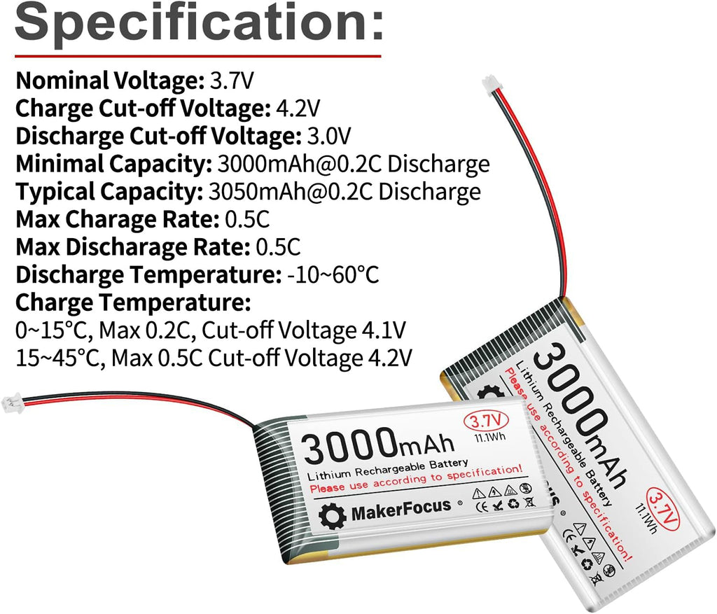 MakerFocus 3.7V 3000mAh LiPo Battery with Protection Board and JST 1.25 Plug for ESP32 LoRa Mesh Node T114