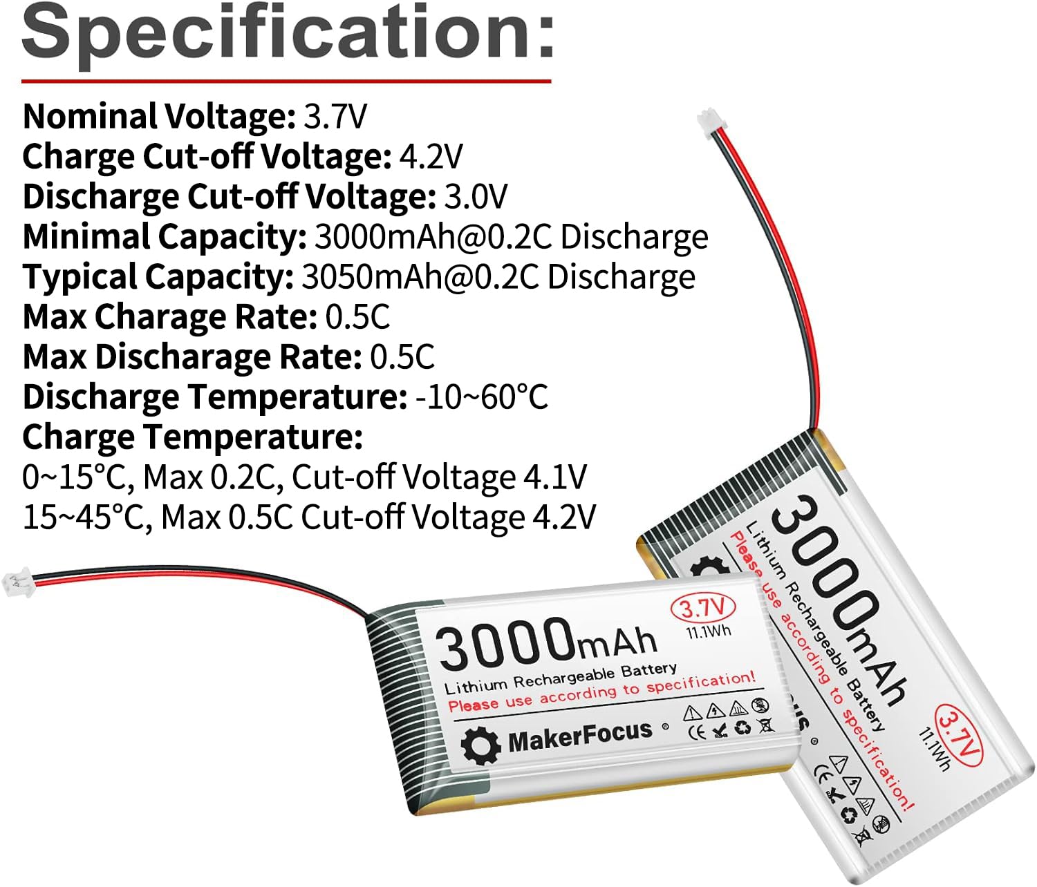 MakerFocus 3.7V 3000mAh LiPo Battery with Protection Board and JST 1.25 Plug for ESP32 LoRa Mesh Node T114