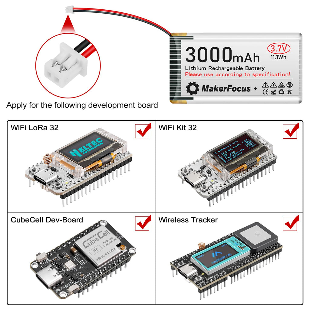MakerFocus 3.7V 3000mAh LiPo Battery with Protection Board and JST 1.25 Plug for ESP32 LoRa Mesh Node T114