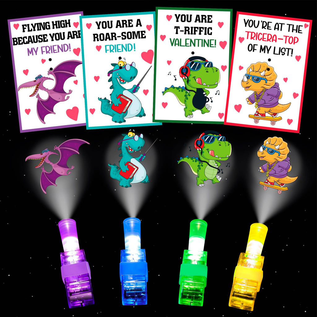 Malhaii 28 Dinosaur Valentine Cards with Glow Finger Lights – Classroom Exchange Party Favors for Kids