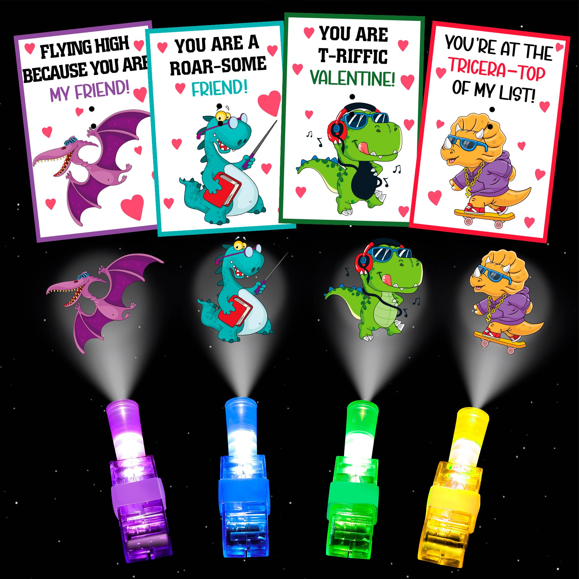 Malhaii 28 Dinosaur Valentine Cards with Glow Finger Lights – Classroom Exchange Party Favors for Kids
