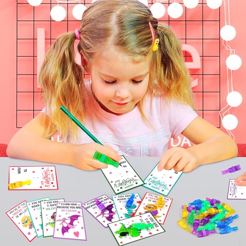 Malhaii 28 Dinosaur Valentine Cards with Glow Finger Lights – Classroom Exchange Party Favors for Kids