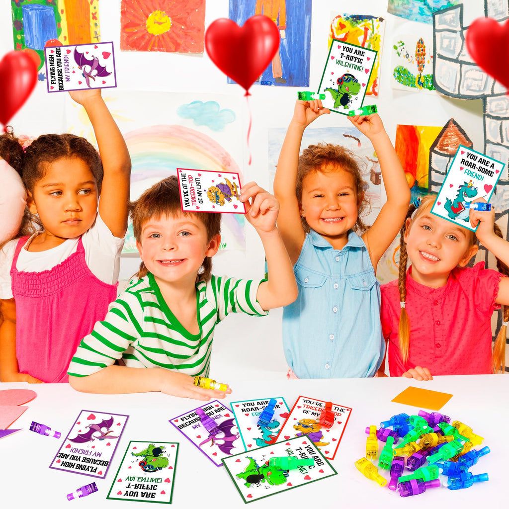 Malhaii 28 Dinosaur Valentine Cards with Glow Finger Lights – Classroom Exchange Party Favors for Kids