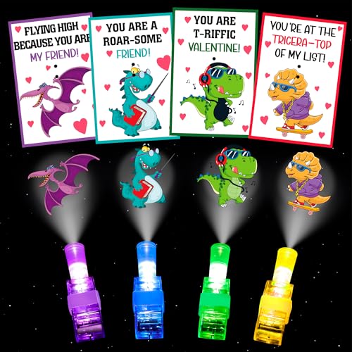 Malhaii 28 Dinosaur Valentine Cards with Glow Finger Lights – Classroom Exchange Party Favors for Kids