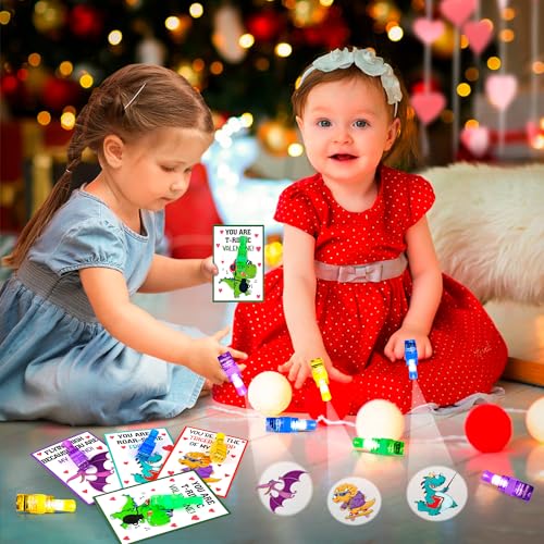 Malhaii 28 Dinosaur Valentine Cards with Glow Finger Lights – Classroom Exchange Party Favors for Kids