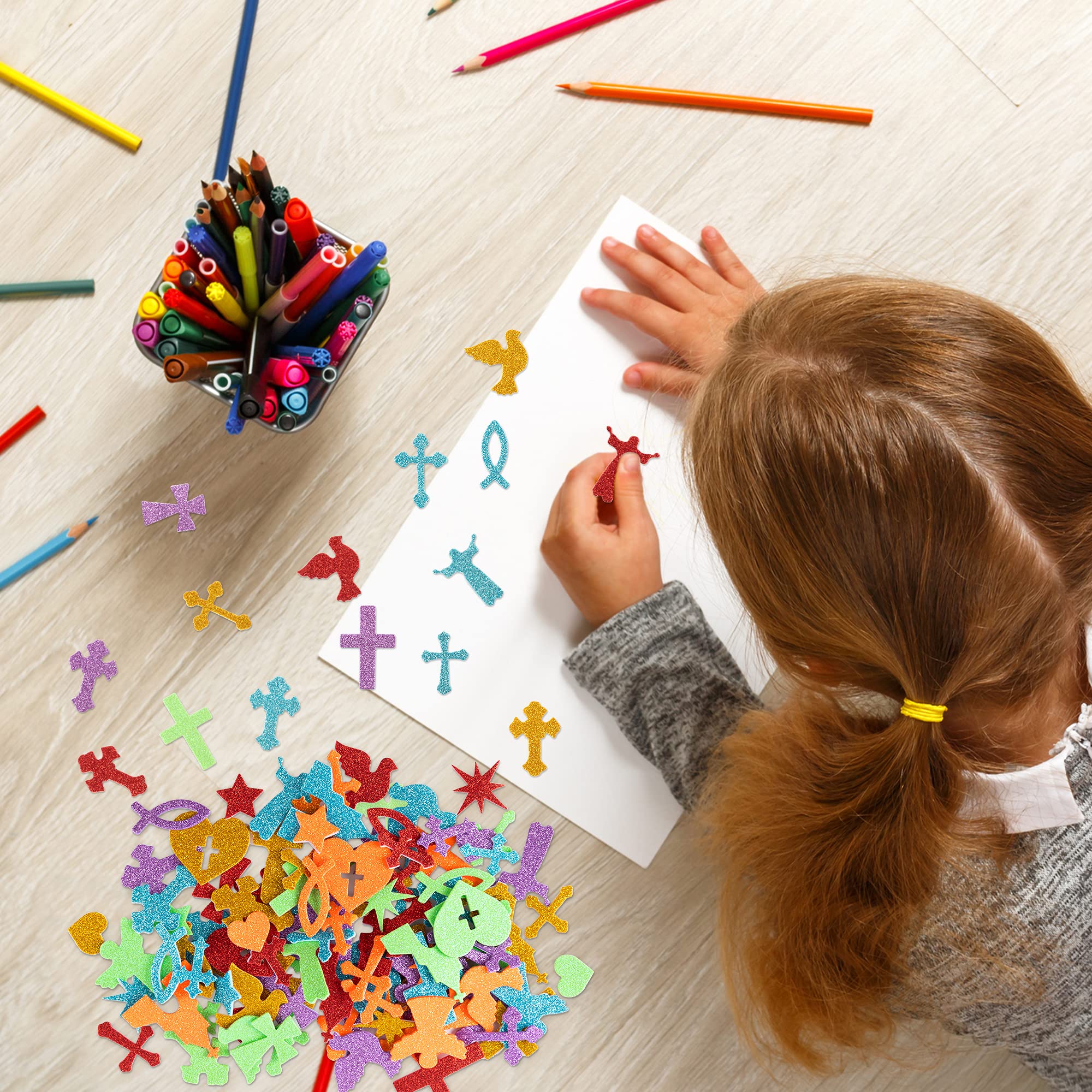 MALLMALL6 500-Piece Christian Glitter Foam Stickers – Self-Adhesive Bible Craft Embellishments for Kids