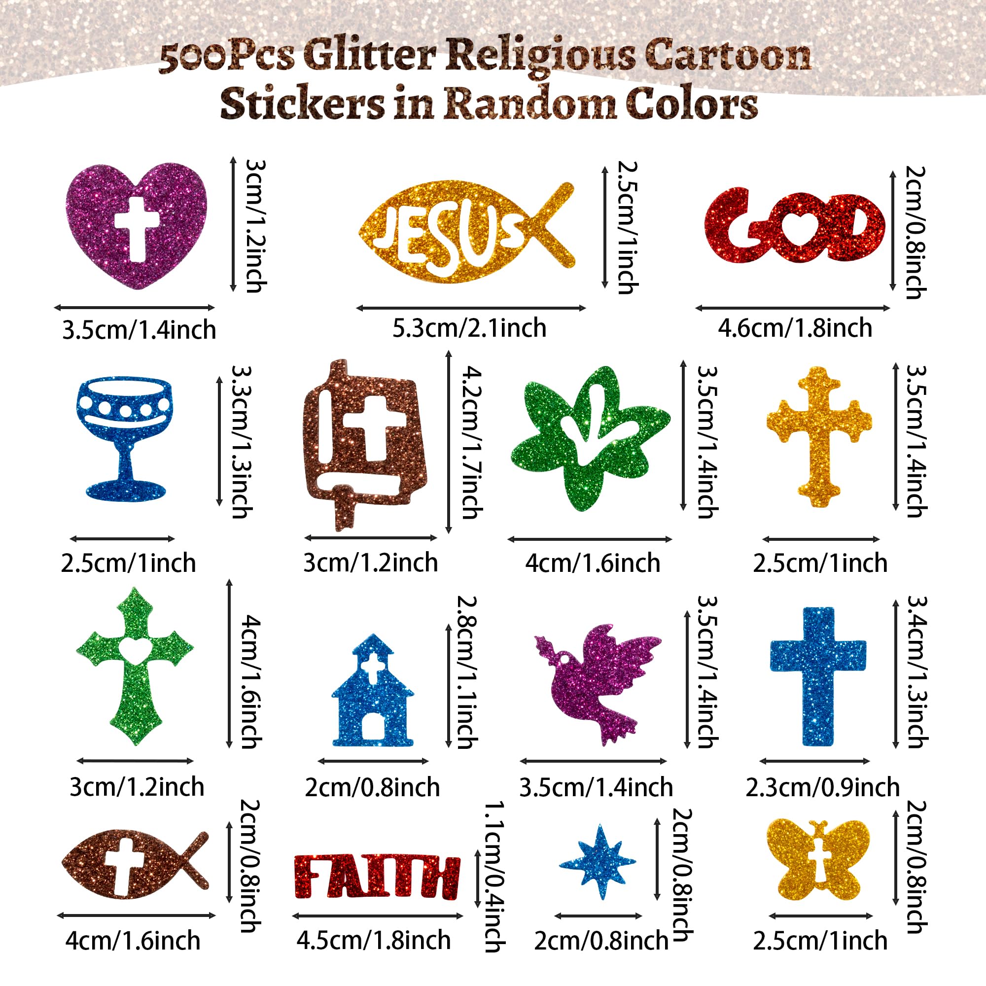 MALLMALL6 500pcs Christian Glitter Stickers – Foam Self-Adhesive Crosses for Kids Crafts and Decor