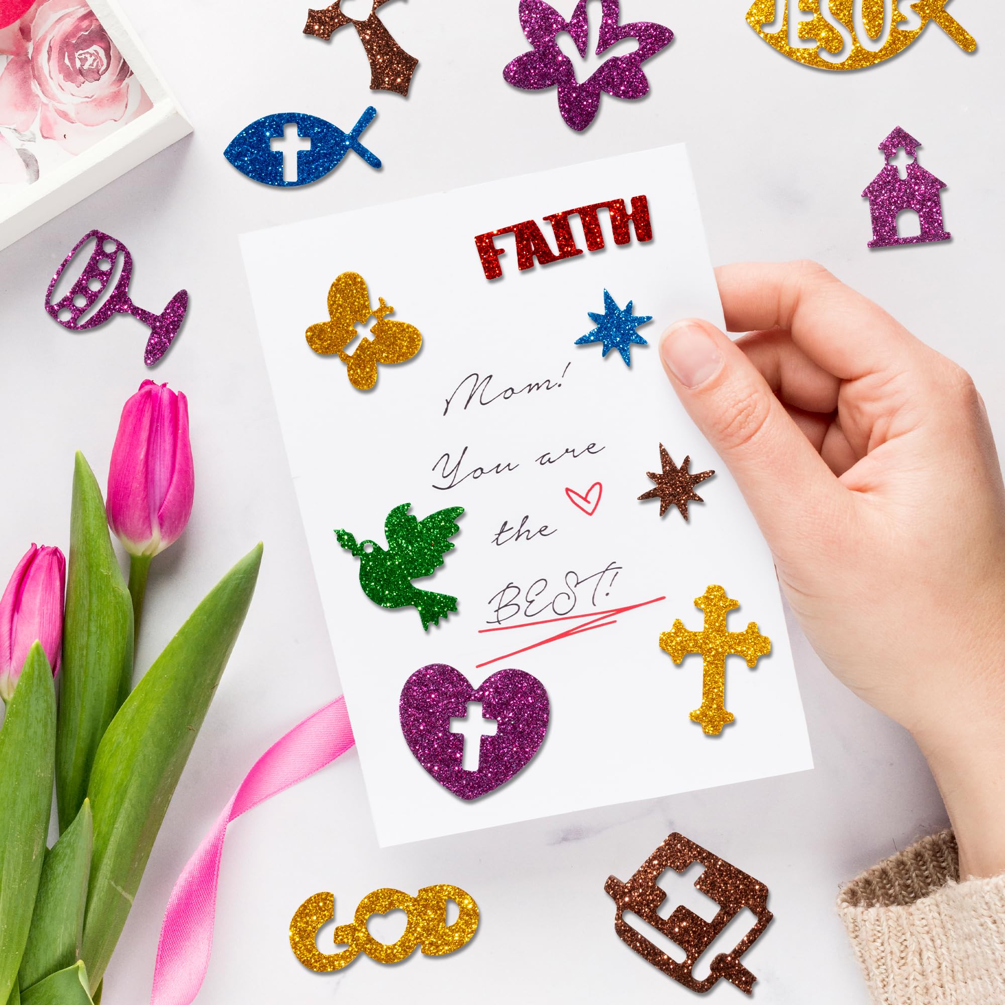 MALLMALL6 500pcs Christian Glitter Stickers – Foam Self-Adhesive Crosses for Kids Crafts and Decor