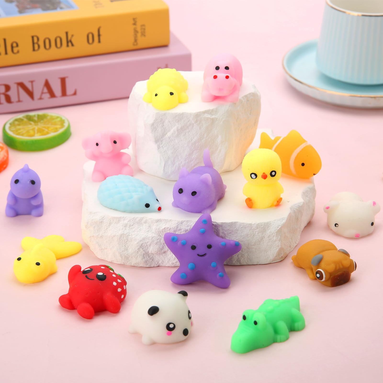 Mantyplay 60-Pack Kawaii Mochi Squishy Toys - Mini Animal & Fruit Squishies for Kids, Classroom Prizes, Party Favors, Sensory Fidget Toys