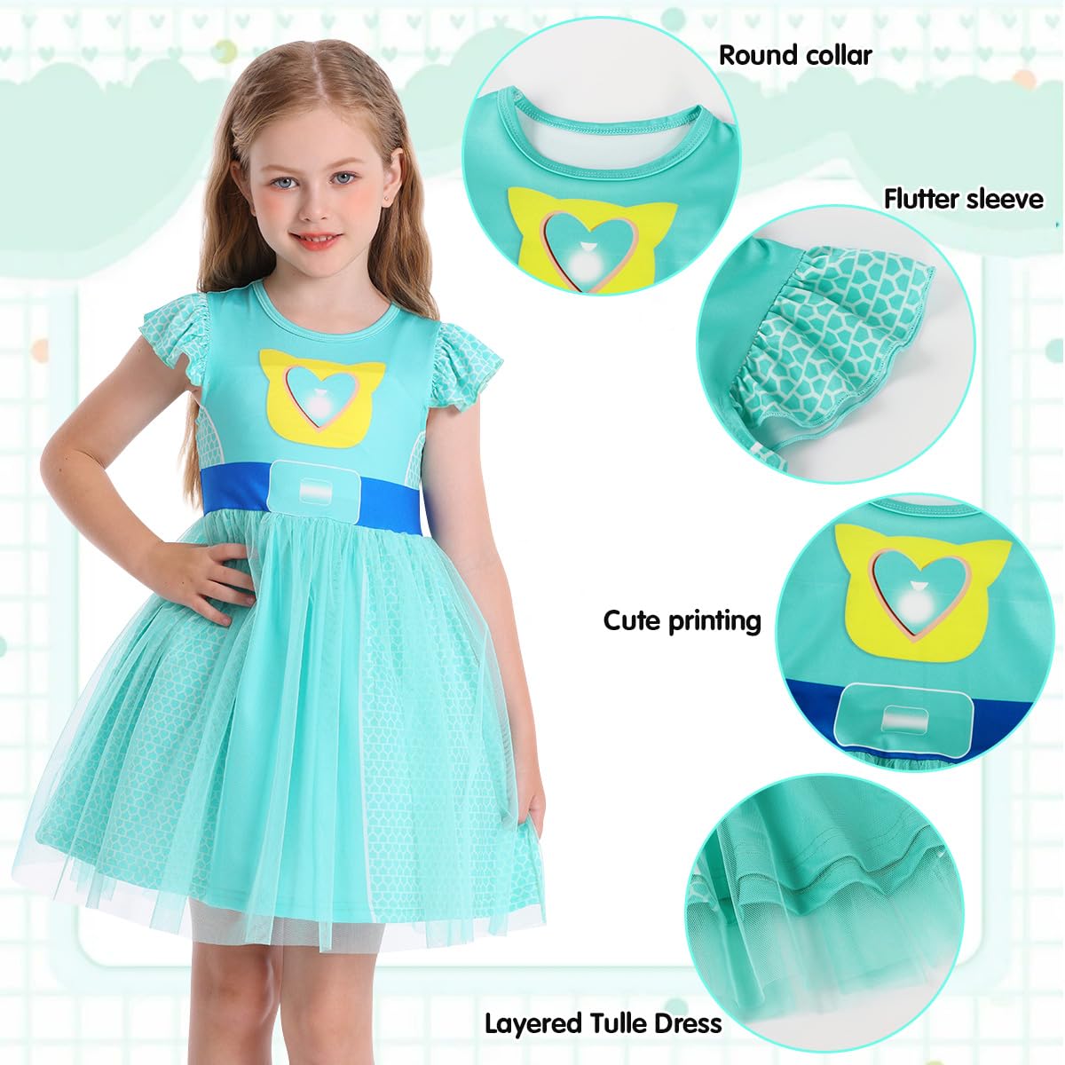 Marendyee Girls Halloween Costume Dress – Tulle Mesh Flutter Sleeve Cat Pattern, Ages 3-10