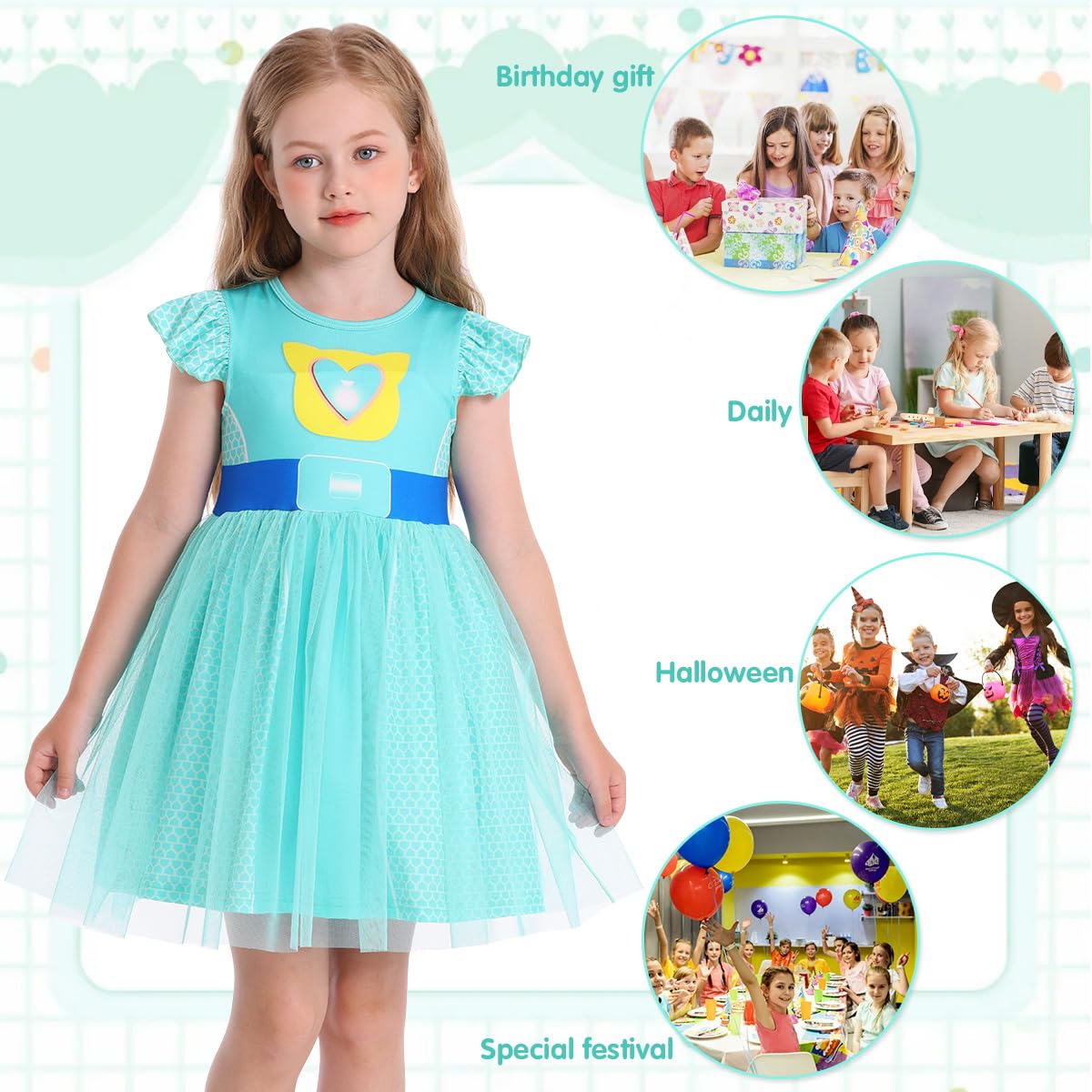 Marendyee Girls Halloween Costume Dress – Tulle Mesh Flutter Sleeve Cat Pattern, Ages 3-10