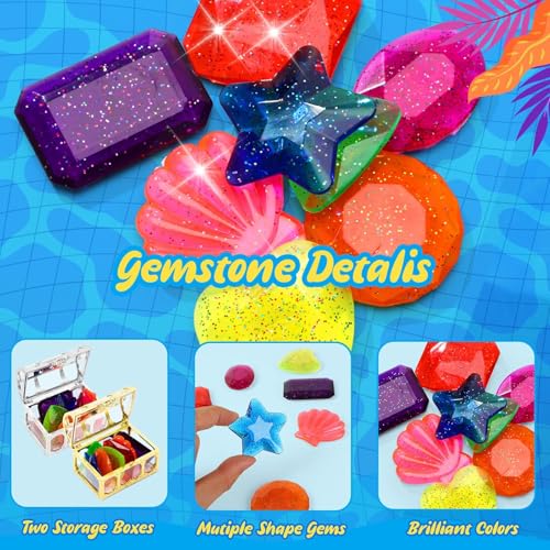 MARFOREVER 18-Piece Diving Gem Pool Toy Set - 16 Colorful Sinking Acrylic Gems and 2 Pirate Treasure Chests for Summer Pool Games