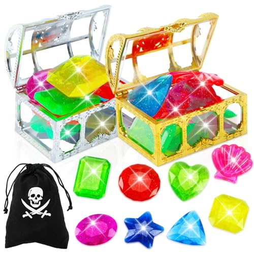 MARFOREVER 18-Piece Diving Gem Pool Toy Set - 16 Colorful Sinking Acrylic Gems and 2 Pirate Treasure Chests for Summer Pool Games
