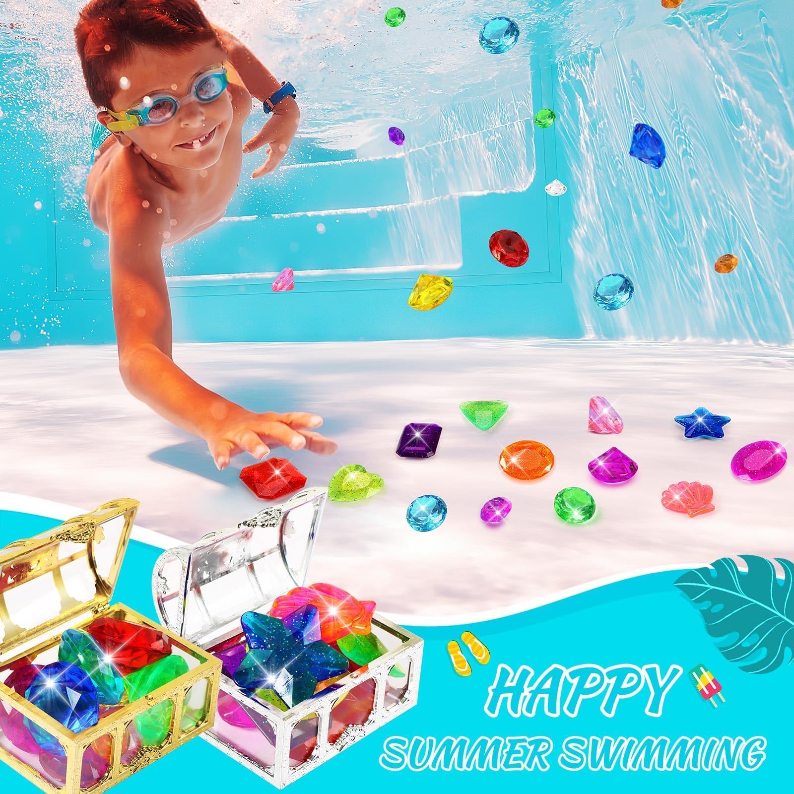 MARFOREVER 22-Piece Acrylic Gem Diving Toy Set with 2 Treasure Chests for Pool Games
