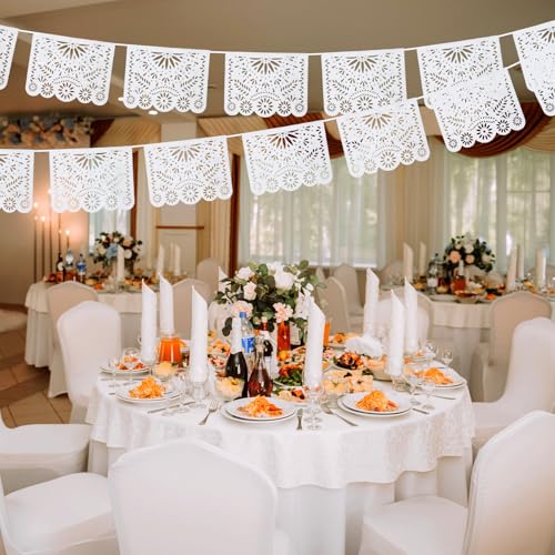 MARFOREVER White Papel Picado Banner 33 Ft – 2-Pack Plastic Mexican Fiesta Decor for Day of the Dead, Weddings, and Baby Showers