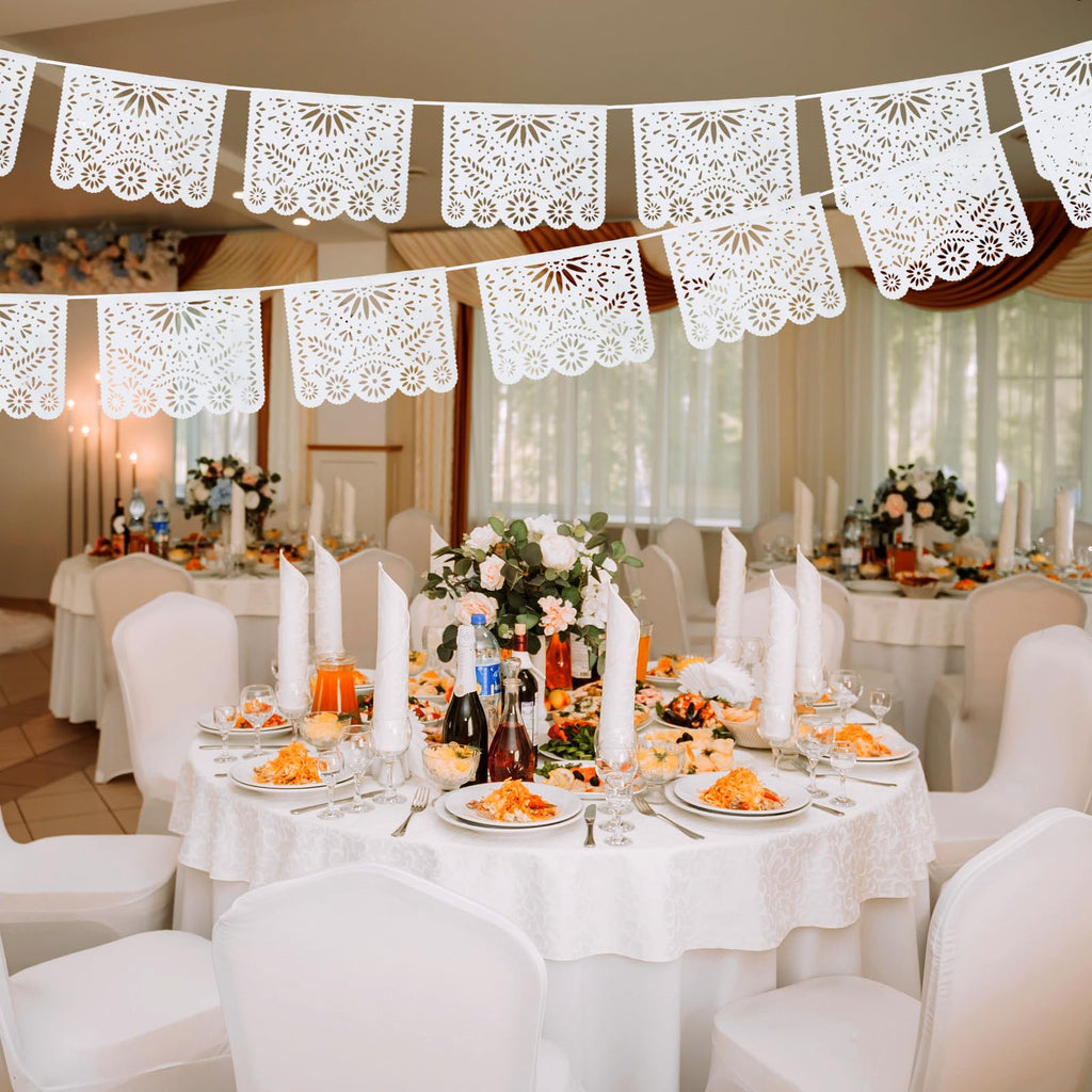 MARFOREVER White Papel Picado Banner 33 Ft – 2-Pack Plastic Mexican Fiesta Decor for Day of the Dead, Weddings, and Baby Showers
