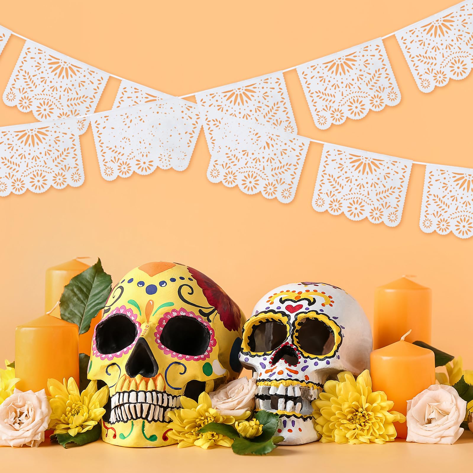 MARFOREVER White Papel Picado Banner 33 Ft – 2-Pack Plastic Mexican Fiesta Decor for Day of the Dead, Weddings, and Baby Showers
