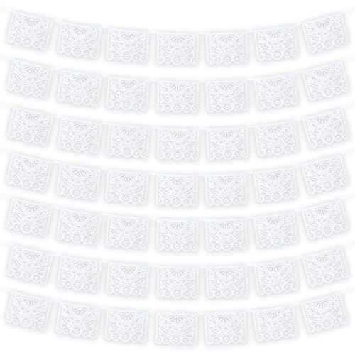 MARFOREVER White Papel Picado Banner 33 Ft – 2-Pack Plastic Mexican Fiesta Decor for Day of the Dead, Weddings, and Baby Showers