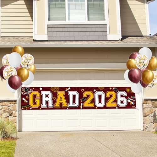Maroon and Gold Graduation Yard Sign Banner Class of 2026 with Balloons Kit