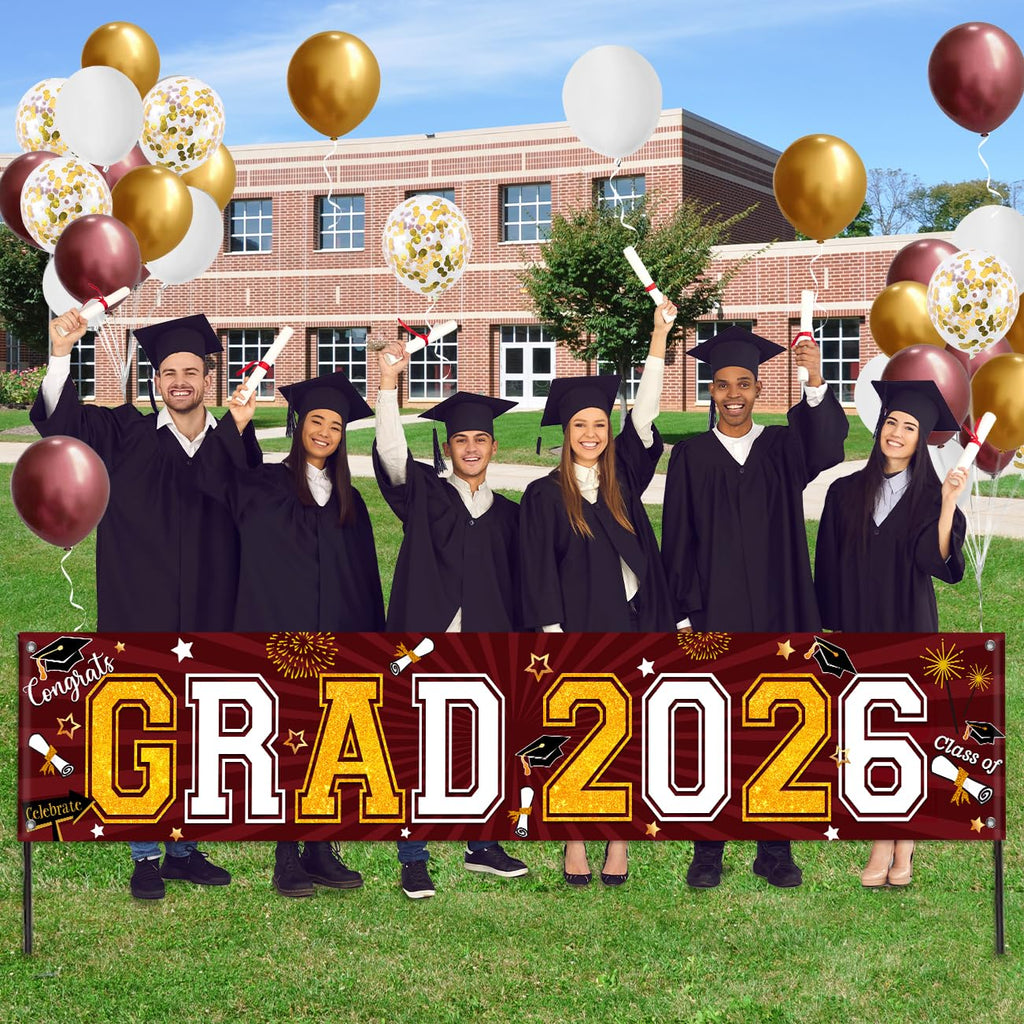 Maroon and Gold Graduation Yard Sign Banner Class of 2026 with Balloons Kit