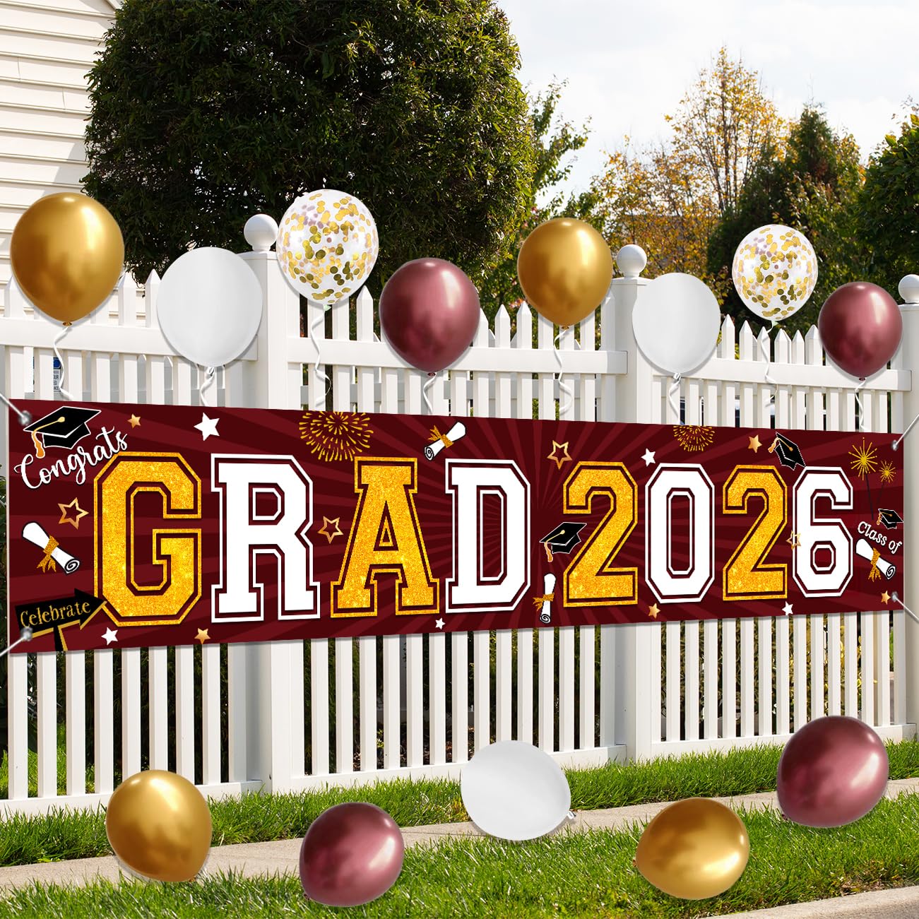 Maroon and Gold Graduation Yard Sign Banner Class of 2026 with Balloons Kit