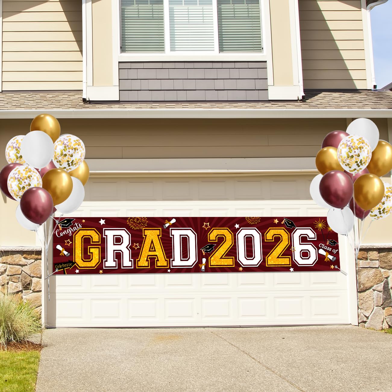 Maroon and Gold Graduation Yard Sign Banner Class of 2026 with Balloons Kit