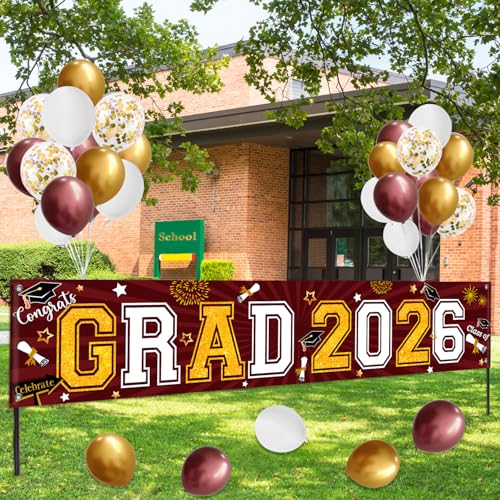Maroon and Gold Graduation Yard Sign Banner Class of 2026 with Balloons Kit