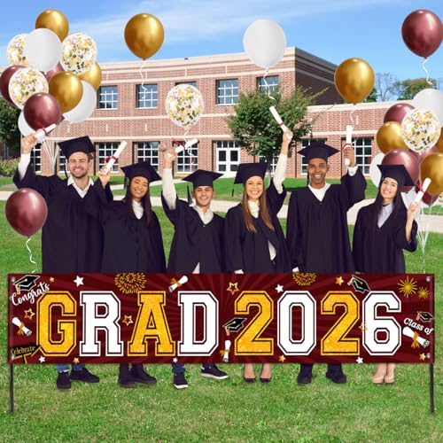 Maroon and Gold Graduation Yard Sign Banner Class of 2026 with Balloons Kit