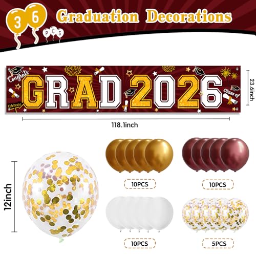 Maroon and Gold Graduation Yard Sign Banner Class of 2026 with Balloons Kit