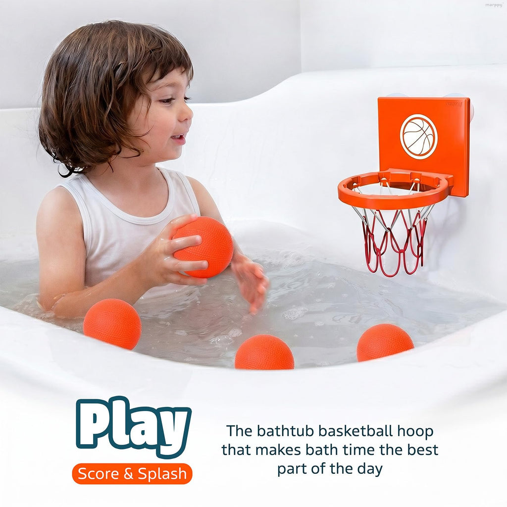 MARPPY Bath Basketball Hoop – 4 Soft Balls, Suction Cups, Bathtub Toy for Toddlers