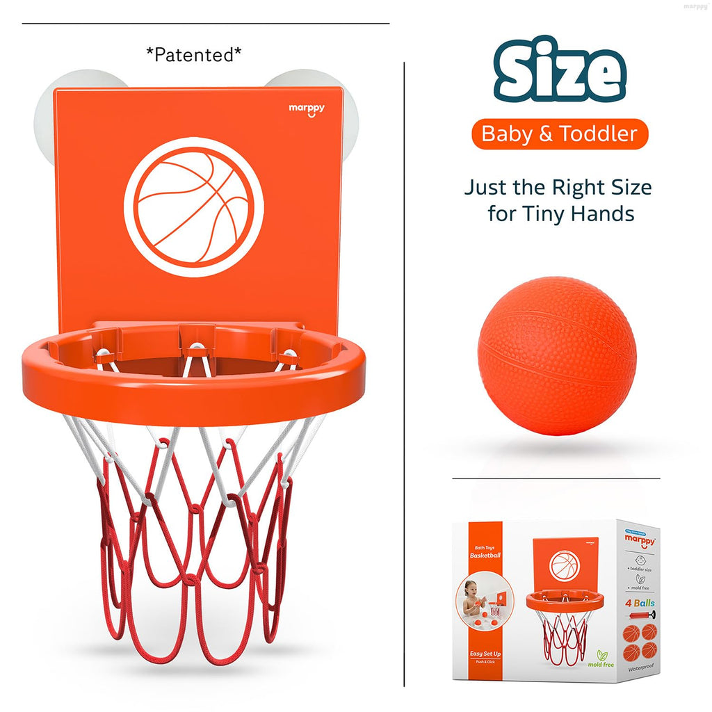 MARPPY Bath Basketball Hoop – 4 Soft Balls, Suction Cups, Bathtub Toy for Toddlers