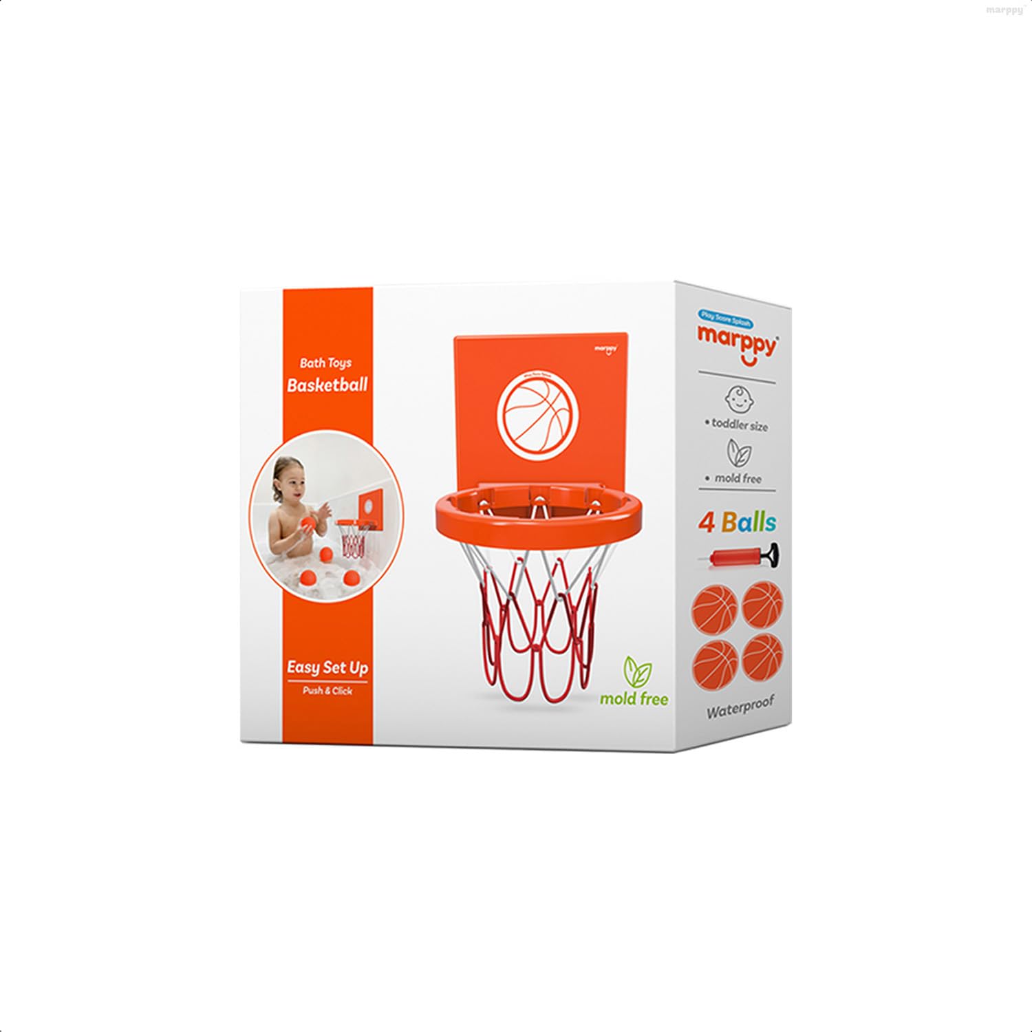 MARPPY Bath Basketball Hoop – 4 Soft Balls, Suction Cups, Bathtub Toy for Toddlers