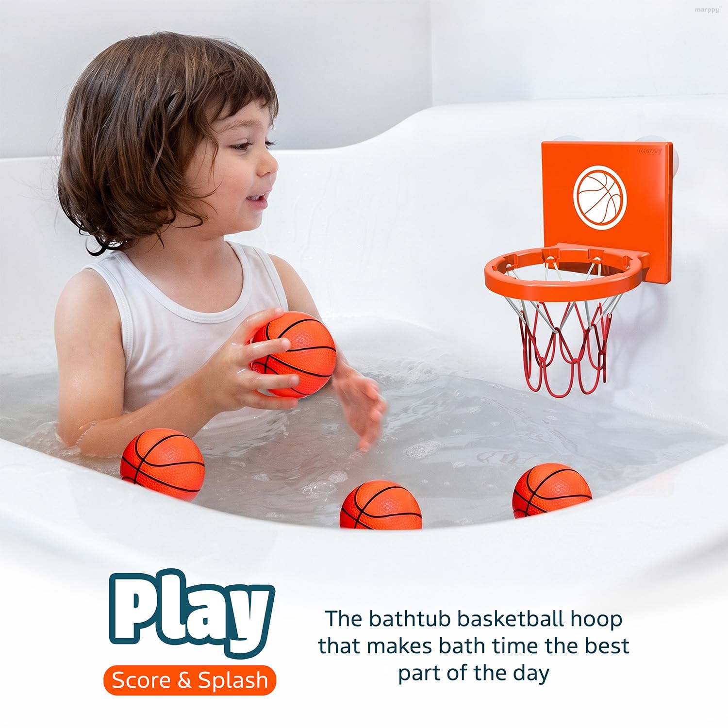 MARPPY Bath Toys Basketball Hoop Set for Toddlers – Suction Cup Hoop with 4 Soft Balls